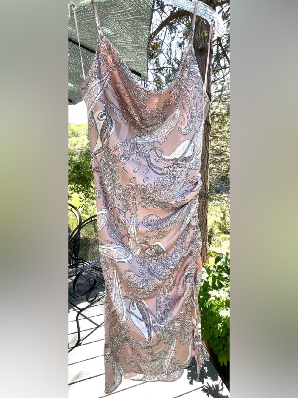 Paisley Print satin Slip Dress in Dusty Rose ruched new medium